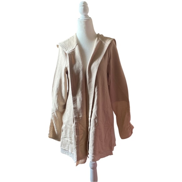 LOGO by Lori Goldstein Sweaters - Lori Goldstein Logo 100% Cotton Bohemian Layered Tan Hooded Cardigan w/ Pockets